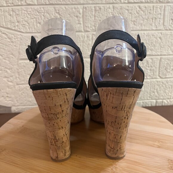 Franco Sarto Gabriel Black Peep Toe Leather Slingback Cork Heel Size 9.5 - Picture 3 of 9